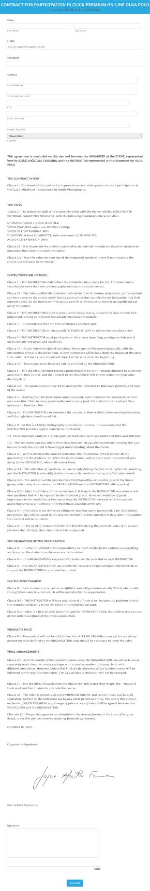 Formulário De Contrato De Participação Em Evento