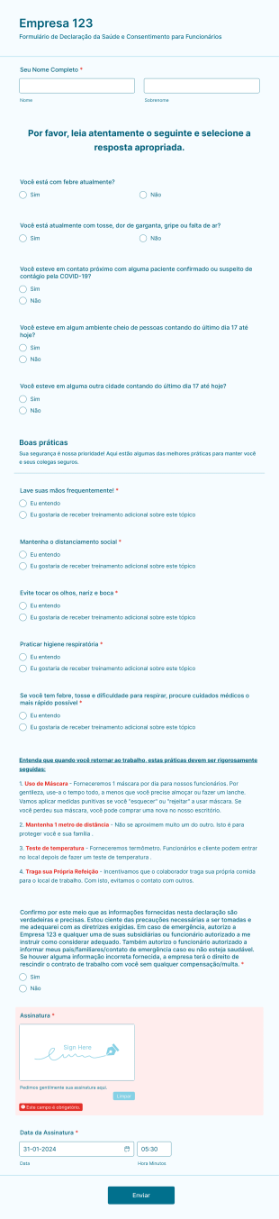 Formulário De Declaração Da Saúde E Adesão As Práticas De Prevenção Da COVID 19 Para Funcion Form Template