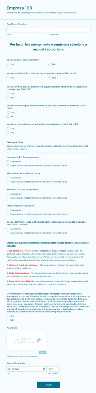 Formulário De Declaração Da Saúde E Adesão As Práticas De Prevenção Da COVID 19 Para Funcion Form Template