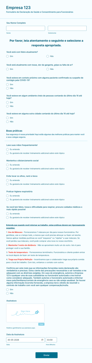 Formulário De Declaração Da Saúde E Adesão As Práticas De Prevenção Da COVID 19 Para Funcion
