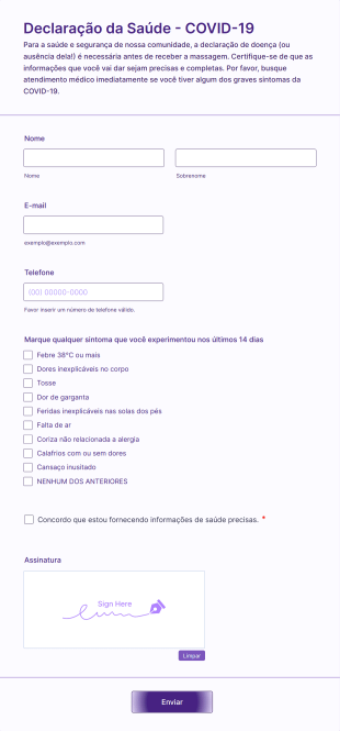 Formulário De Declaração Da Saúde Para Massagem Terapêutica Durante A COVID 19