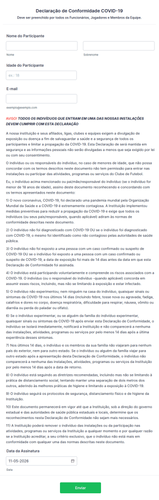 Formulário De Declaração De Conformidade Para Clubes Desportivos Durante A COVID 19