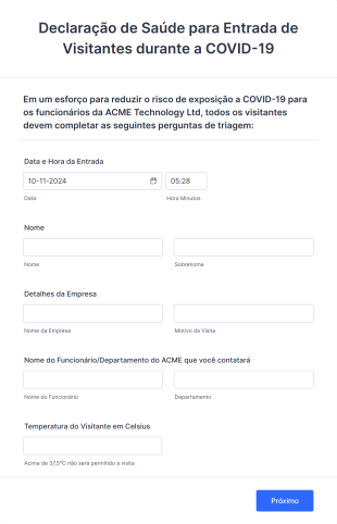 Formulário De Declaração De Saúde Para Entrada De Visitantes Durante A COVID 19 Form Template