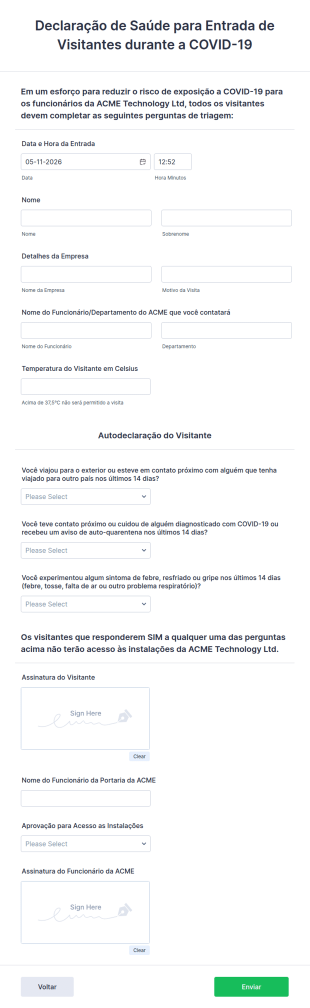 Formulário De Declaração De Saúde Para Entrada De Visitantes Durante A COVID 19