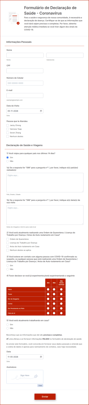 Formulário De Declaração De Saúde Para Negócios Durante A COVID 19