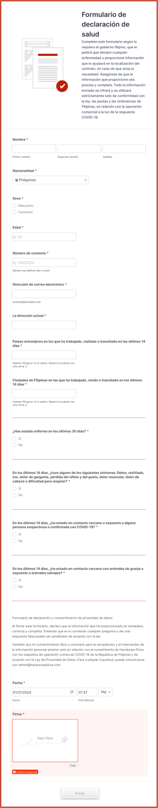 Formulario De Declaración De Salud Form Template