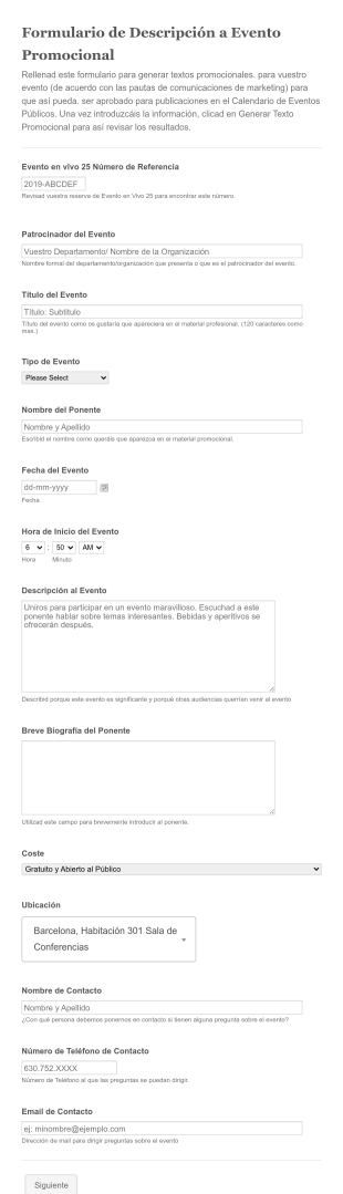 Formulario De Descripción A Evento Promocional