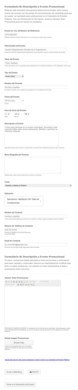 Formulario De Descripción A Evento Promocional