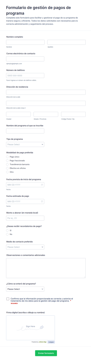 Formulario De Detalles De Pago Del Programa