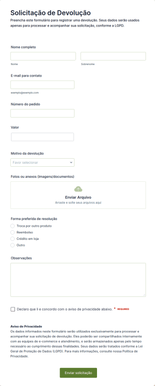 Formulário De Devolução Shopify