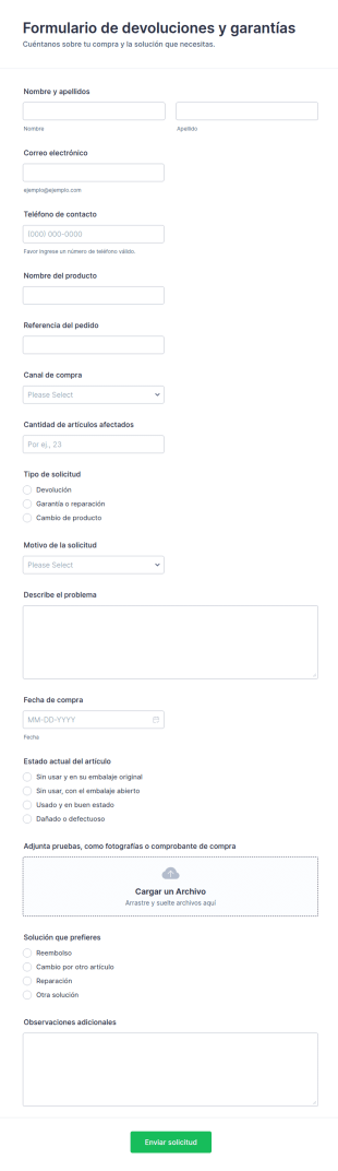 Formulario De Devolución Y Garantía