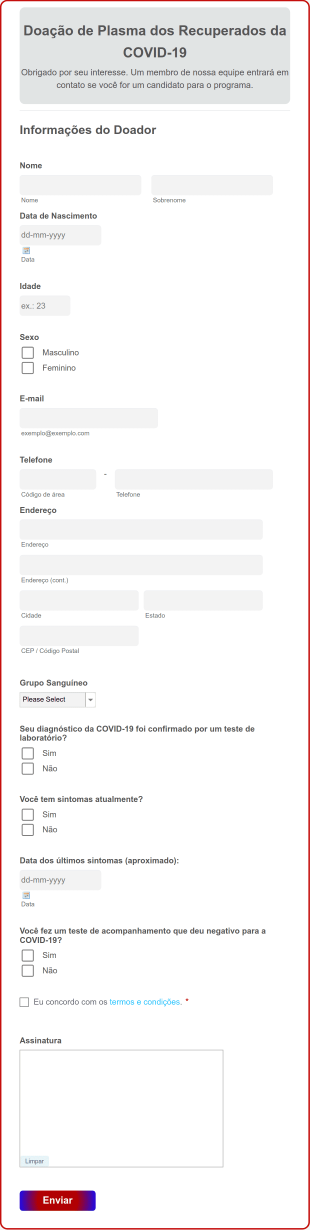 Formulário De Doação De Plasma Dos Recuperados Da COVID 19 Form Template