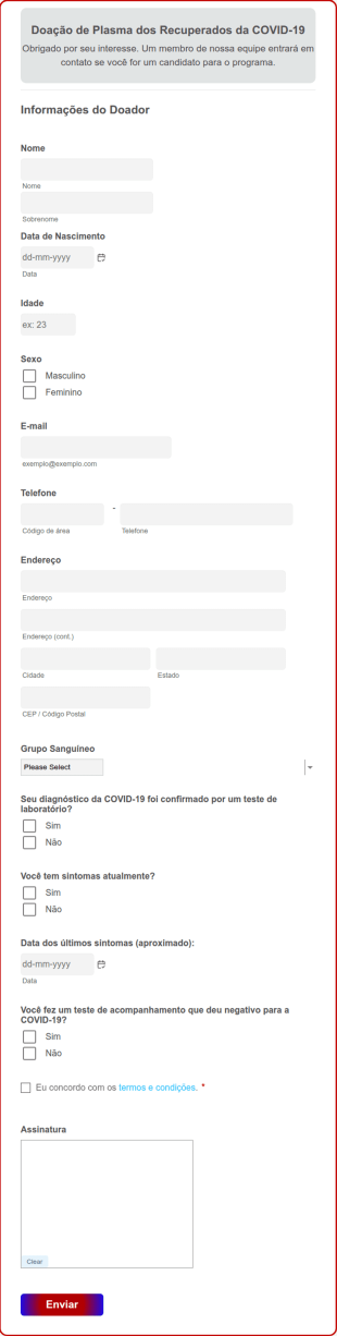 Formulário De Doação De Plasma Dos Recuperados Da COVID 19