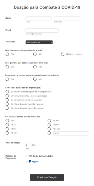 Formulário De Doação Para Combate à COVID 19