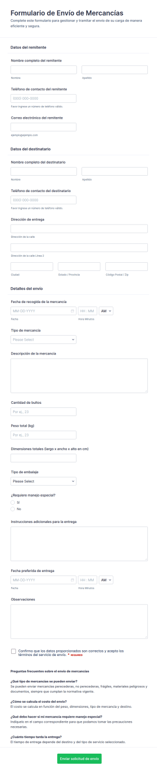 Formulario De Documento De Envío De Carga