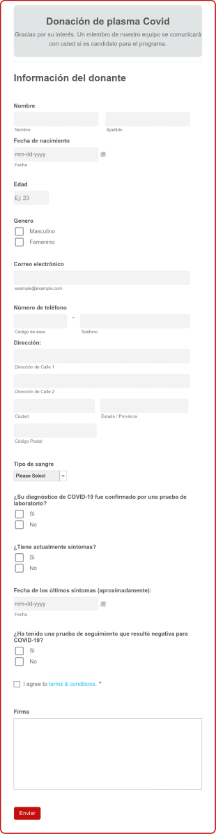 Formulario De Donación De Plasma COVID Form Template