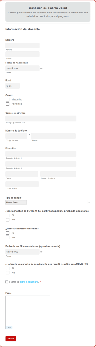 Formulario De Donación De Plasma COVID