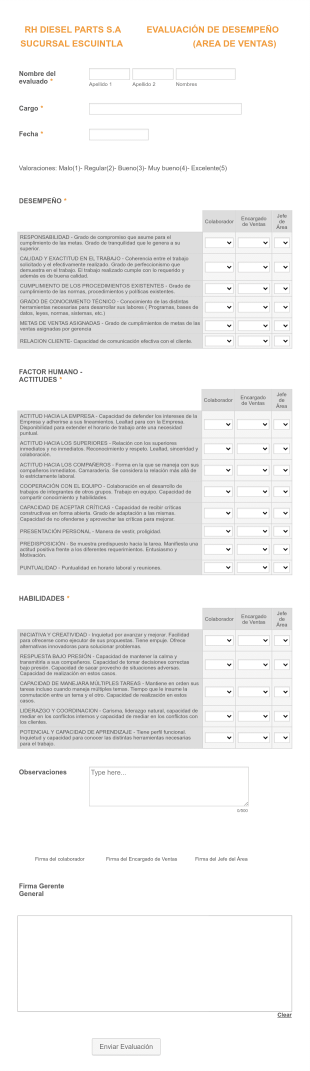 Formulario De Evaluación De Desempeño (Area De Ventas Form Template