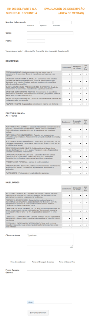 Formulario De Evaluación De Desempeño (Area De Ventas