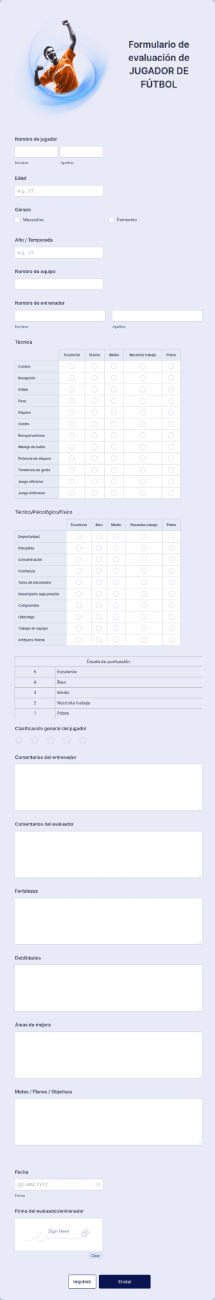 Formulario De Evaluación De Jugador De Fútbol