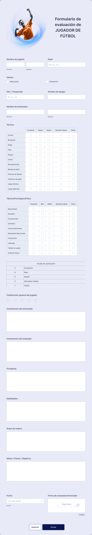 Formulario De Evaluación De Jugador De Fútbol Form Template
