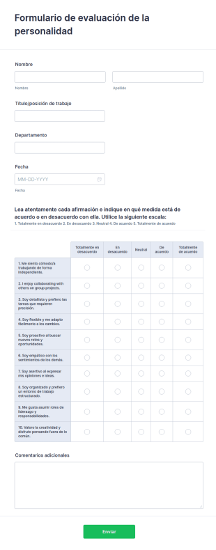 Formulario De Evaluación De La Personalidad