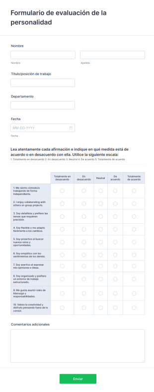 Formulario De Evaluación De La Personalidad Form Template