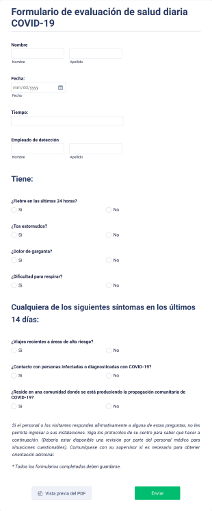 Formulario De Evaluación De Salud Diaria COVID 19