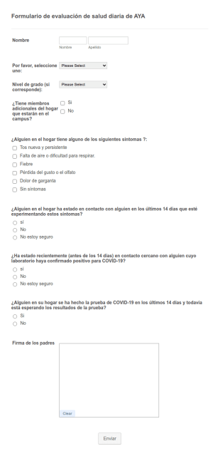 Formulario De Evaluación De Salud Diaria De COVID Para La Escuela