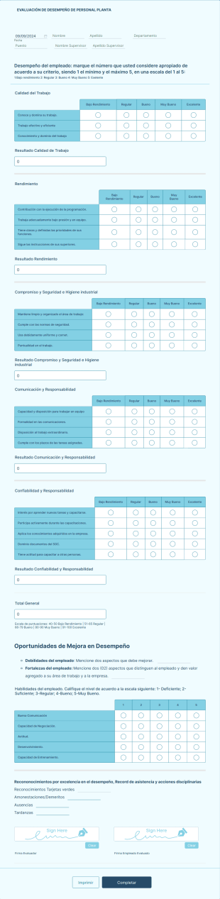 Formulario De Evaluación Personal De Planta Form Template