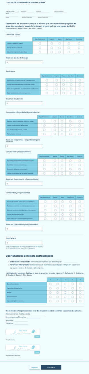 Formulario De Evaluación Personal De Planta