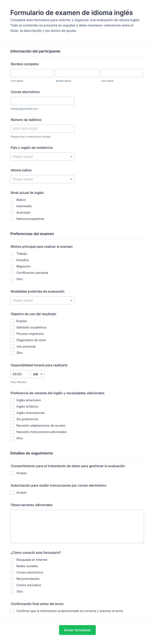 Formulario De Examen De Idioma Inglés