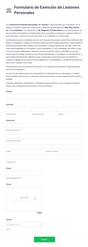 Formulario De Exención De Lesiones Personales