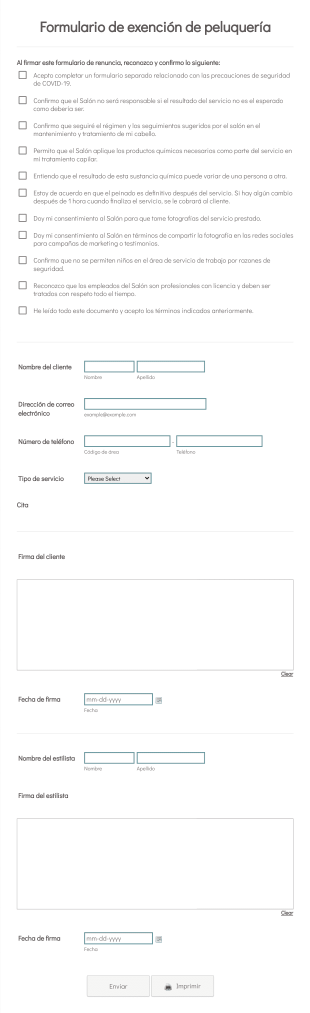 Formulario De Exención De Peluquería Form Template