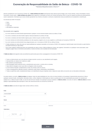 Formulário De Exoneração De Responsabilidade Do Salão De Beleza Durante A COVID 19 Form Template