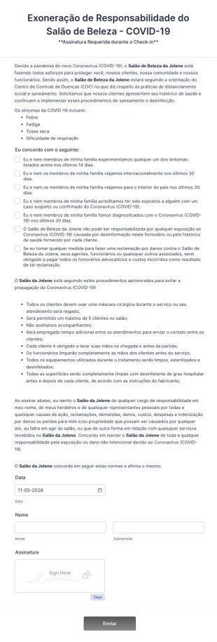 Formulário De Exoneração De Responsabilidade Do Salão De Beleza Durante A COVID 19