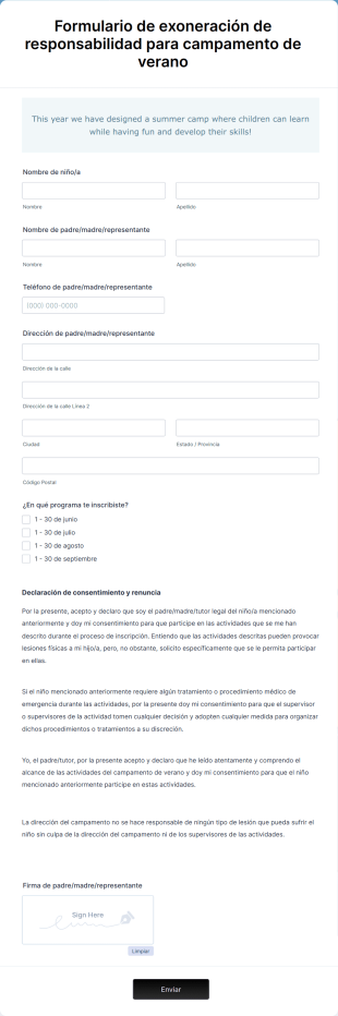 Formulario De Exoneración De Responsabilidad Para Campamento De Verano Form Template