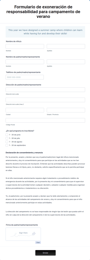 Formulario De Exoneración De Responsabilidad Para Campamento De Verano