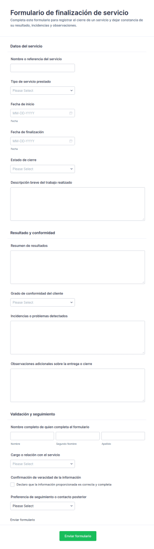 Formulario De Finalización Del Servicio