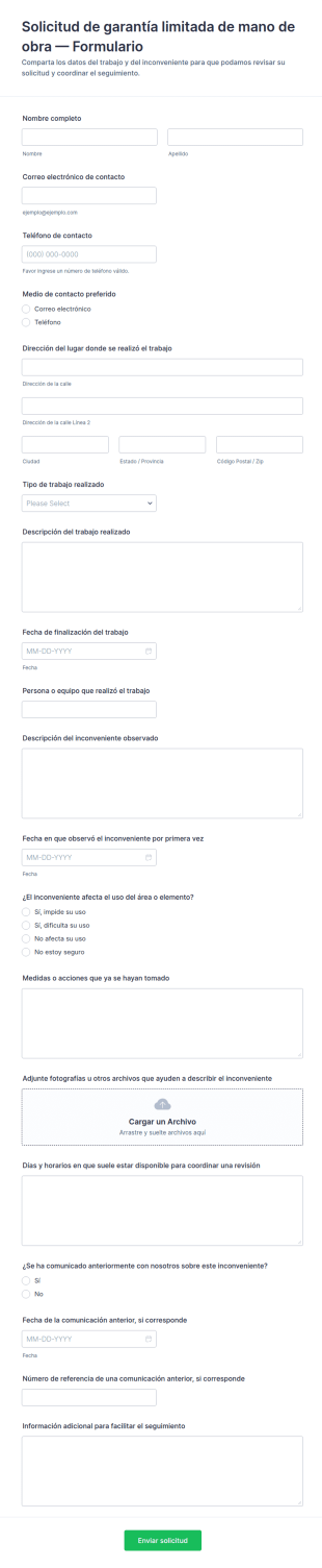 Formulario De Garantía Limitada De Mano De Obra