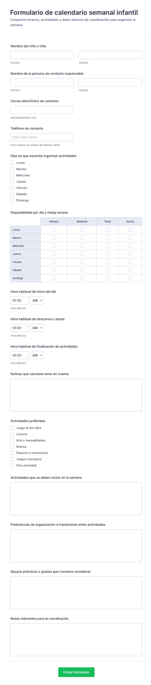 Formulario De Horario Semanal Del Niño
