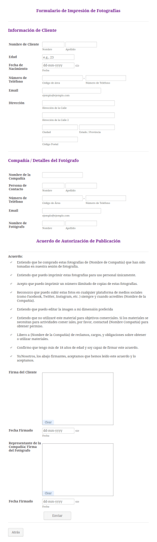 Formulario De Impresión De Fotografías