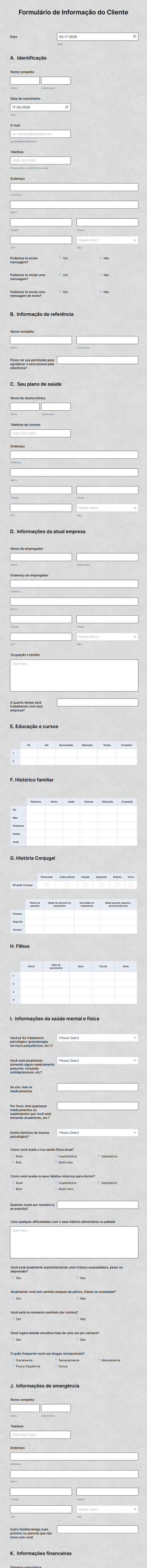 Formulário De Informação Do Cliente