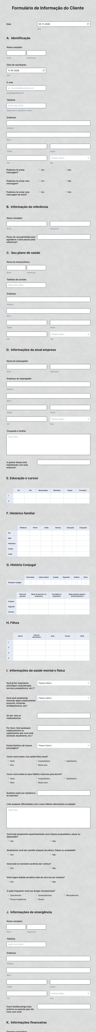 Formulário De Informação Do Cliente