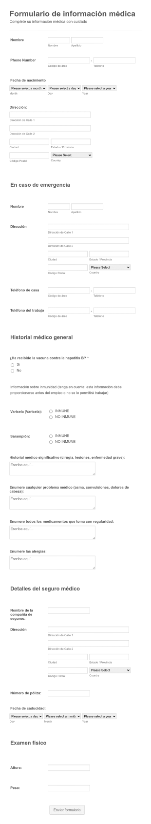 Formulario De Información De Empleo Médico Form Template