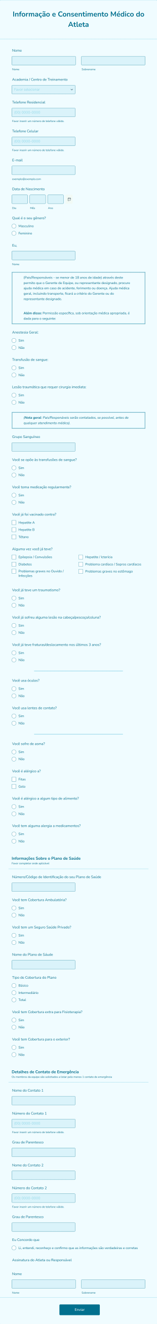 Formulário De Informações E Consentimento Médico Para Atletas Form Template