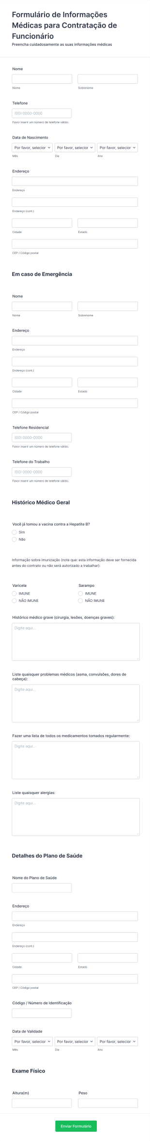 Formulário De Informações Médicas Para Contratação De Funcionário