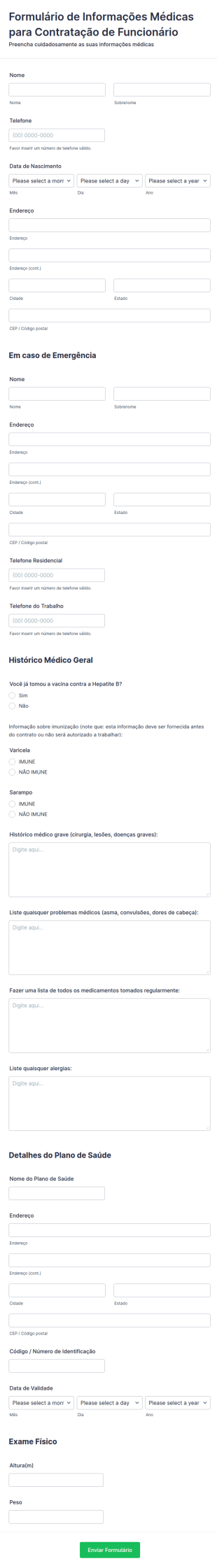 Formulário De Informações Médicas Para Contratação De Funcionário