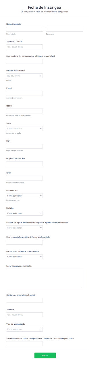 Formulário De Inscrição Em Acampamento