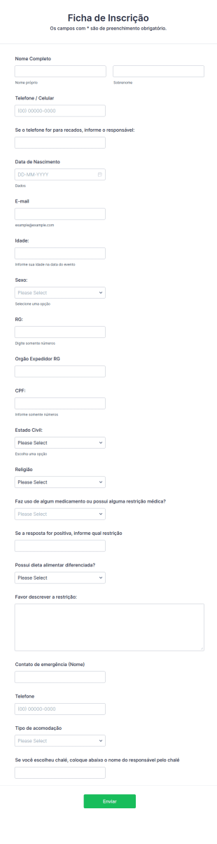 Formulário De Inscrição Em Acampamento